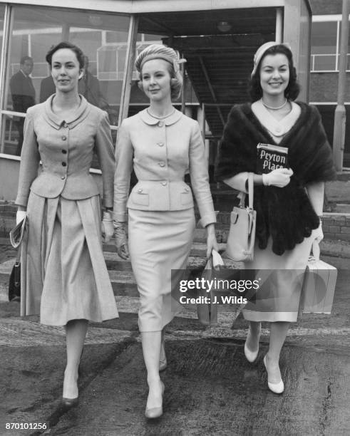From left to right, Rank Organisation actresses Betta St. John, June Laverick and Anne Heywood leave London Airport for the Cannes Film Festival in...