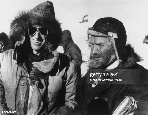 New Zealand explorer Sir Edmund Hillary just after meeting English explorer Vivian Fuchs at the South Pole, 20th January 1958. The two men were...