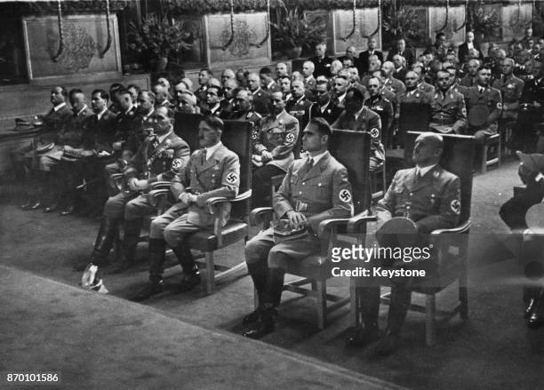 From left to right, Willy Liebel , Burgomaster of Nuremberg with Nazi Party officials Adolf Hitler, Rudolf Hess and Julius Streicher as they receive...