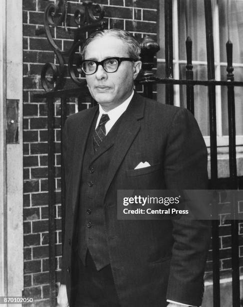 Agha Hilaly , the Pakistan High Commissioner in London, arrives at 10 Downing Street for talks with Prime Minister Harold Wilson on the...