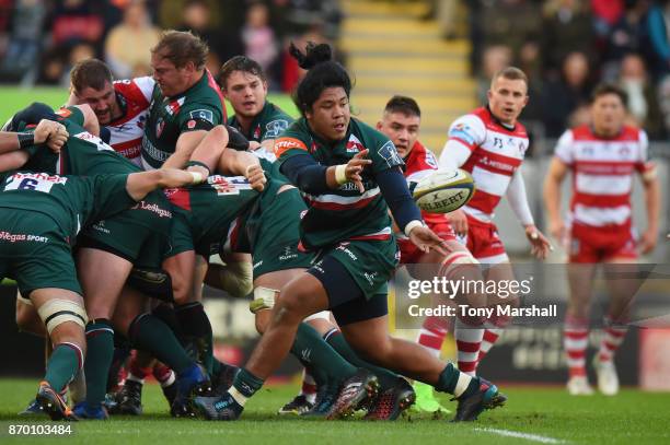 Fred Tuilagi of Leicester Tigers passes the ball during the Anglo-Welsh Cup match at Welford Road on November 4, 2017 in Leicester, England.