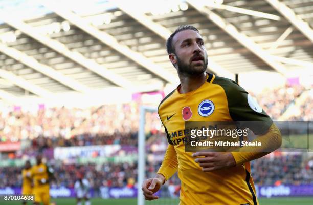 Glenn Murray of Brighton and Hove Albion celebrates scoring his side's first goal during the Premier League match between Swansea City and Brighton...