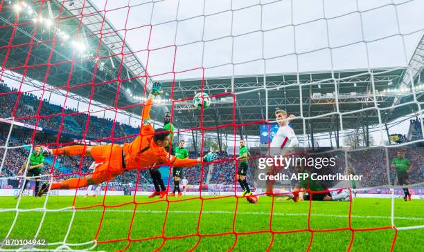 Leipzig´s forward Timo Werner scores an offside goal during the German first division Bundesliga football match between RB Leipzig and Hannover 96 in...