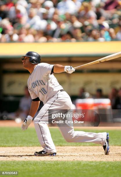 Vernon Wells of the Toronto Blue Jays bats against the Oakland Athletics on May 9, 2009 at the Oakland Coliseum in Oakland, California.