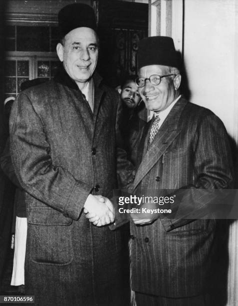 Abdul Rahman Hassan Azzam , former Secretary-General of the Arab League, meets Hassan al-Hudaybi , leader of the Muslim Brotherhood, upon the...