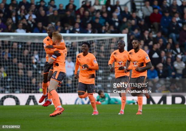 Sone Aluko of Reading celebrates after scoring during the Sky Bet Championship match between Derby County and Reading at iPro Stadium on November 4,...