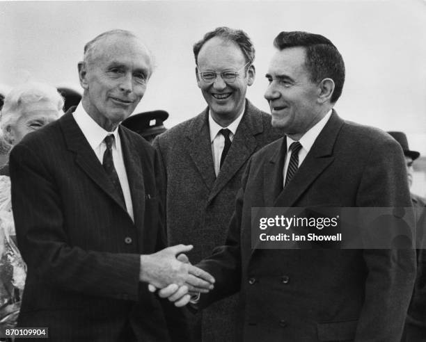 British Foreign Secretary Alec Douglas-Home shakes hands with Soviet Foreign Minister Andrei Gromyko at Heathrow Airport, 26th October 1970. Gromyko...