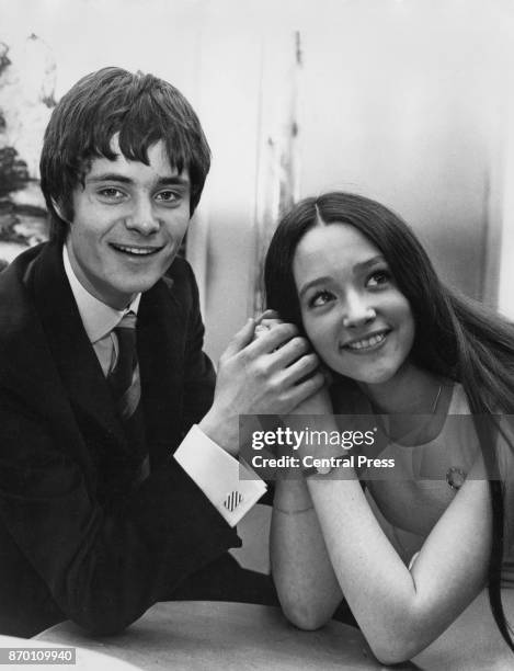 English actress Olivia Hussey with actor Leonard Whiting at a press reception to announce their roles as Shakespeare's tragic lovers Romeo and Juliet...