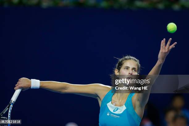 Julia Goerges of Germany serves in her Semi final match against Anastasija Sevastova of Latvia during the WTA Elite Trophy Zhuhai 2017 at Hengqin...