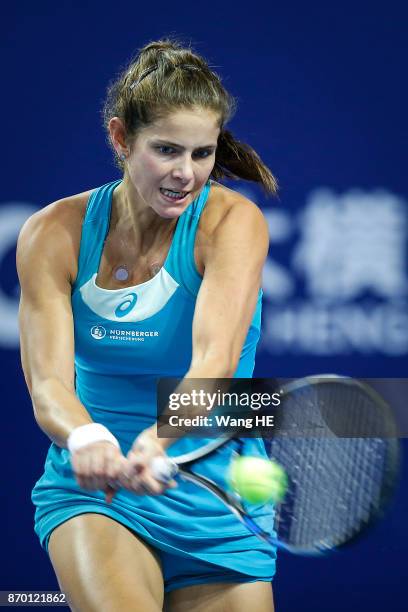 Julia Goerges of Germany hits a return in her Semi final match against Anastasija Sevastova of Latvia during the WTA Elite Trophy Zhuhai 2017 at...