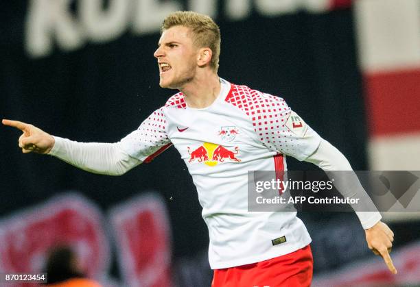 Leipzig's German forward Timo Werner celebrates after scoring during the German first division Bundesliga football match RB Leipzig vs Hannover 96 in...