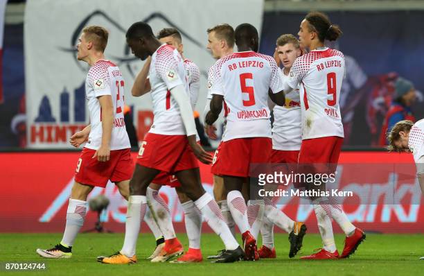 Timo Werner of Leipzig jubilates with team mates after scoring the third goal during the Bundesliga match between RB Leipzig and Hannover 96 at Red...