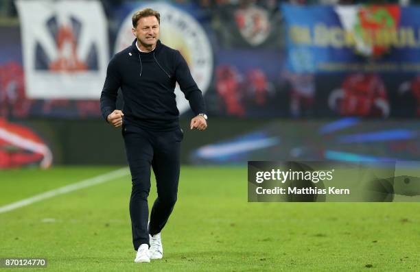 Head coach Ralph Hasenhuettl of Leipzig shows his delight after winning the Bundesliga match between RB Leipzig and Hannover 96 at Red Bull Arena on...