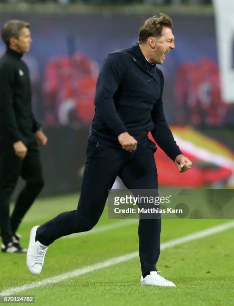 Head coach Ralph Hasenhuettl of Leipzig shows his delight after winning the Bundesliga match between RB Leipzig and Hannover 96 at Red Bull Arena on...