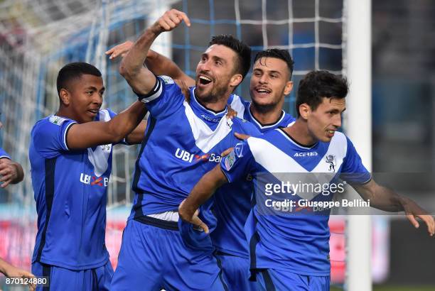 Andrea Caracciolo of Brescia Calcio celebrates after scoring the opening goal during the Serie B match between Brescia Calcio and Venezia FC at...