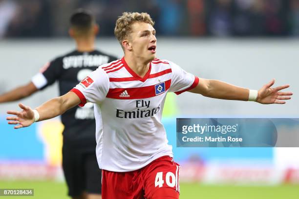 Jann-Fiete Arp of Hamburg celebrates after he scored a goal to make it 3:1 during the Bundesliga match between Hamburger SV and VfB Stuttgart at...