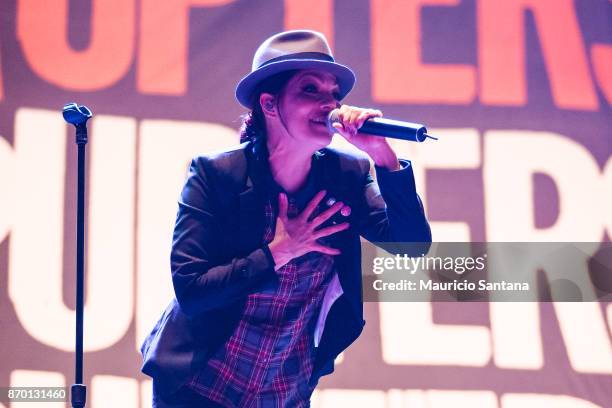 Aimee Allen member of the band The Interrupters performs live on stage at Arena Anhembi on November 3, 2017 in Sao Paulo, Brazil.