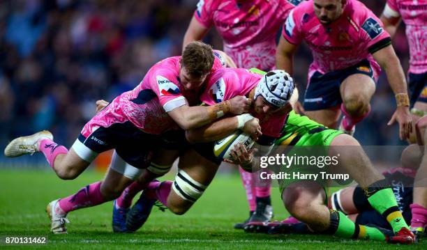 Toby Salmon of Exeter Chiefs goes over for a try during the Anglo-Welsh Cup match between Exeter Chiefs and Northampton Saints at Sandy Park on...