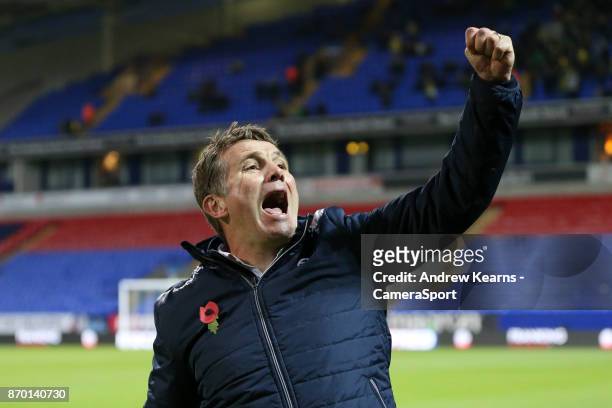 Bolton Wanderer's manager Phil Parkinson celebrates a 2-1 victory at the end of the match during the Sky Bet Championship match between Bolton...