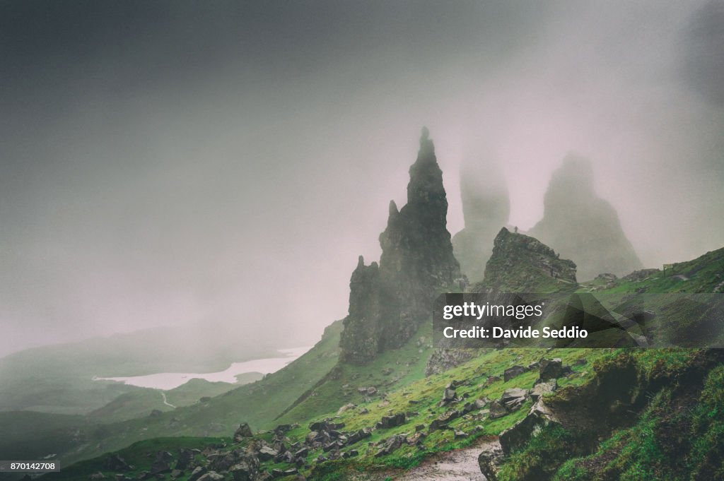 Pinnacles of the Old Man of Storr during a foggy day