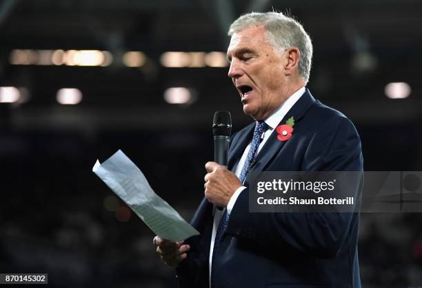 Trevor Brooking speaks prior to the Premier League match between West Ham United and Liverpool at London Stadium on November 4, 2017 in London,...