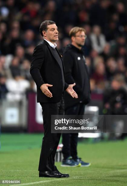 Slaven Bilic, Manager of West Ham United reacts during the Premier League match between West Ham United and Liverpool at London Stadium on November...