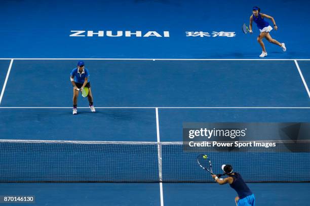 Jing Xinyu Jiang and Qianhui Tang of China in action during the doubles Round Robin match of the WTA Elite Trophy Zhuhai 2017 against Jing-Jing Lu...