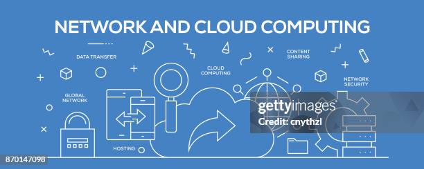 flat line design illustration concept of cloud computing. banner for website header and landing page. - mobile landing page stock illustrations