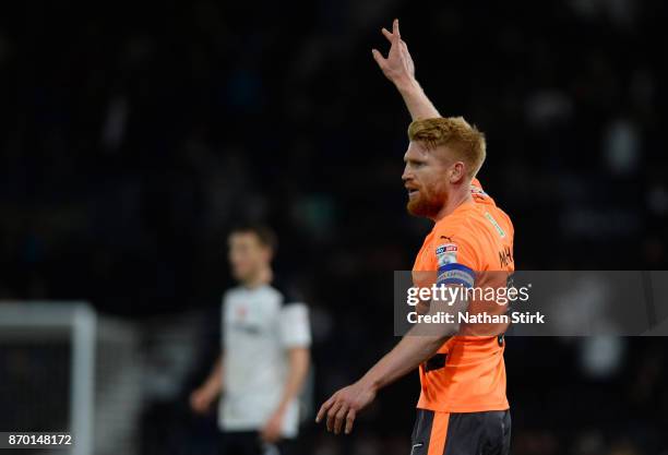 Paul McShane of Reading gives his team mates instructions during the Sky Bet Championship match between Derby County and Reading at iPro Stadium on...