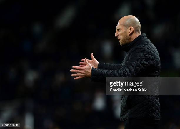 Jaap Stam manager of Reading shows his frustrations during the Sky Bet Championship match between Derby County and Reading at iPro Stadium on...