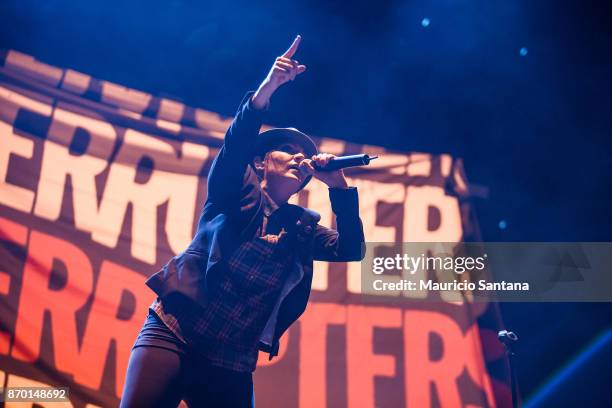 Aimee Allen member of the band The Interrupters performs live on stage at Arena Anhembi on November 3, 2017 in Sao Paulo, Brazil.