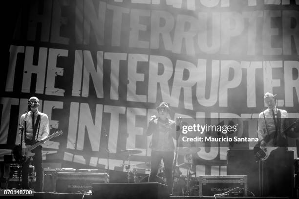 Kevin Bivona, Aimee Interrupter and Justin Bivona members of the band The Interrupters performs live on stage at Arena Anhembi on November 3, 2017 in...