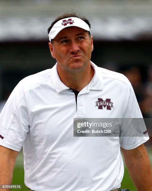 Head coach Dan Mullen of the Mississippi State Bulldogs reacts to a call during the first half of an NCAA football game against the Massachusetts...