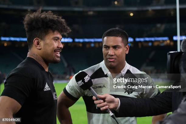 New Zealands Ardie Savea and brother Julian Savea of the Barbarians are interviewed together after the Killik Cup match between Barbarians and New...