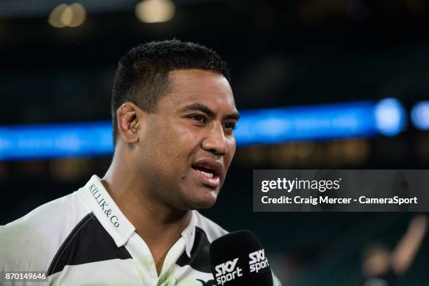 Julian Savea of the Barbarians is interviewed after the Killik Cup match between Barbarians and New Zealand at Twickenham Stadium on November 4, 2017...