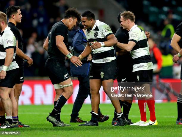Julian Savea of Barbarians and Ardie Savea of New Zealand at the end of the Killik Cup match between Barbarians and New Zealand at Twickenham Stadium...