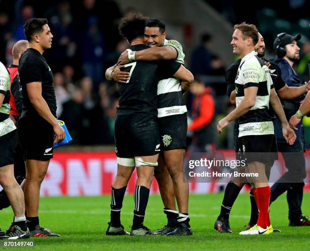 Julian Savea of Barbarians and Ardie Savea of New Zealand at the end of the game during the Killik Cup match between Barbarians and New Zealand at...