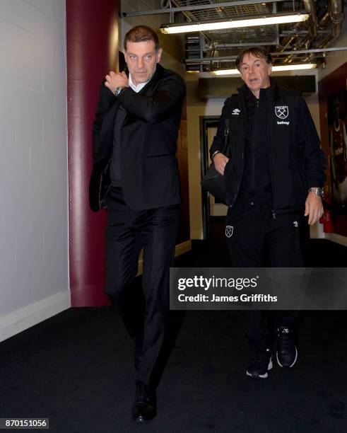 Slaven Bilic and Nikola Jurcevic arrive prior to the Premier League match between West Ham United and Liverpool at London Stadium on November 4, 2017...