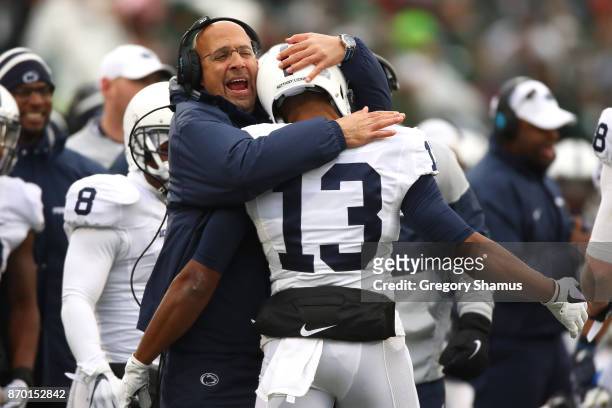 Head coach James Franklin of the Penn State Nittany Lions reacts to a first half touchdown by Saeed Blacknall while playing the Michigan State...