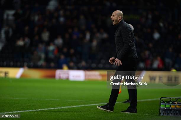 Jaap Stam manager of Reading looks on during the Sky Bet Championship match between Derby County and Reading at iPro Stadium on November 4, 2017 in...
