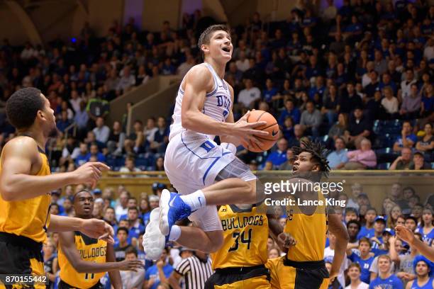 Grayson Allen of the Duke Blue Devils goes to the basket against the Bowie State Bulldogs at Cameron Indoor Stadium on November 4, 2017 in Durham,...