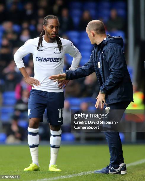 Preston North End's Daniel Johnson receives instructions from Preston North End manager Alex Neil during the game during the Sky Bet Championship...