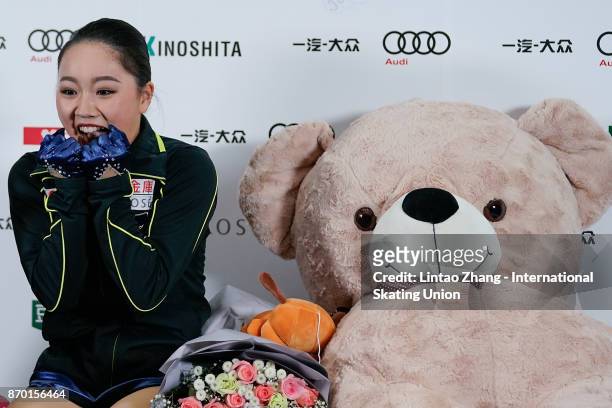 Wakaba Higuchi of Japan reacts after competing in the Ladies Free Skating on day two of Audi Cup of China ISU Grand Prix of Figure Skating 2017 at...