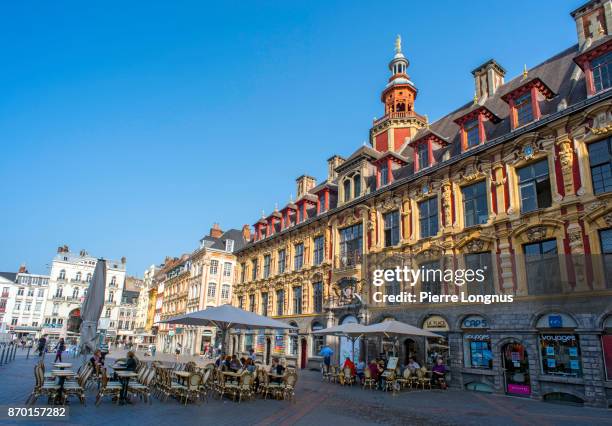 people having a drink on the place du général-de-gaulle (or grand-place) on a warm and sunny day in the center of lille - "vieille bourse" (old trade palace) on the right, the most prestigiouse building of the city - lille, north of france - lille cafe stock pictures, royalty-free photos & images