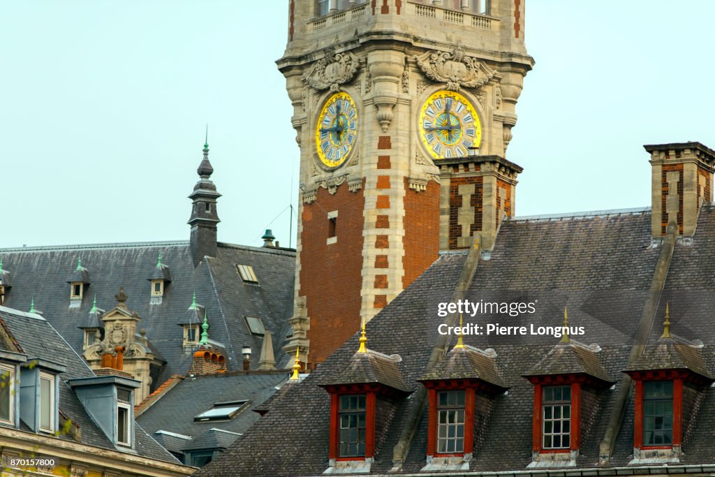 76m tall Belfry ot the chamber of commerce, roof of "Vieille Bourse" (Old Trade Palace) on the right - Lille, North of France