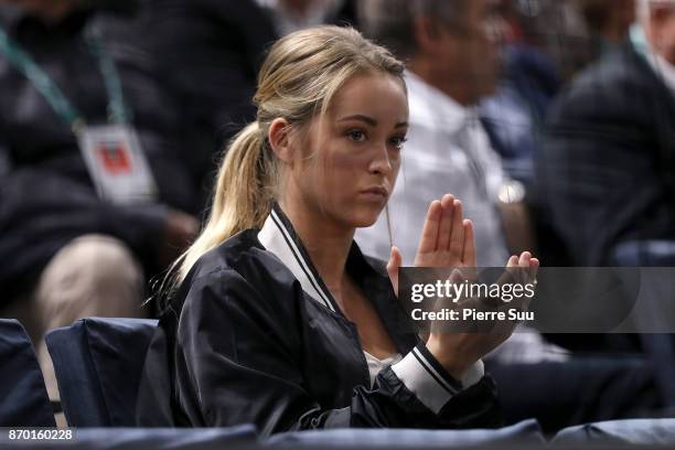 Jack Sock's girlfriend Michala Burns is seen supporting him in the stands during the Rolex Paris Masters at Hotel Accor Arena Bercy on November 3,...