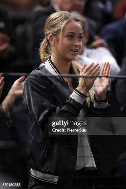Jack Sock's girlfriend Michala Burns is seen supporting him in the stands during the Rolex Paris Masters at Hotel Accor Arena Bercy on November 3,...