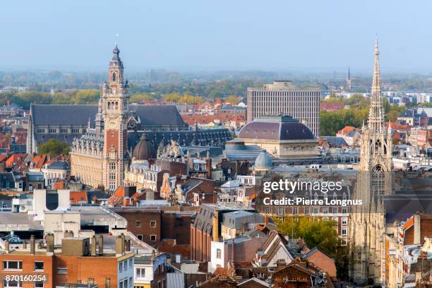 close-up on lille city center, chamber of commerce and st-maurice church visible, lille, north of france - nord architecture stock pictures, royalty-free photos & images