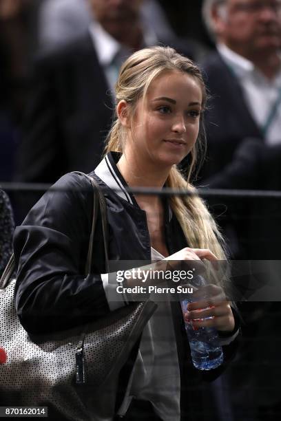 Jack Sock's girlfriend Michala Burns is seen supporting him in the stands during the Rolex Paris Masters at Hotel Accor Arena Bercy on November 3,...