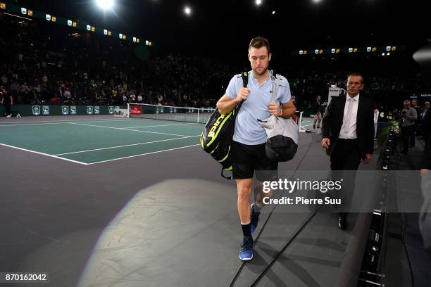 Jack Sock is seen leaving the court after he won his semi final match during the Rolex Paris Masters at Hotel Accor Arena Bercy on November 3, 2017...